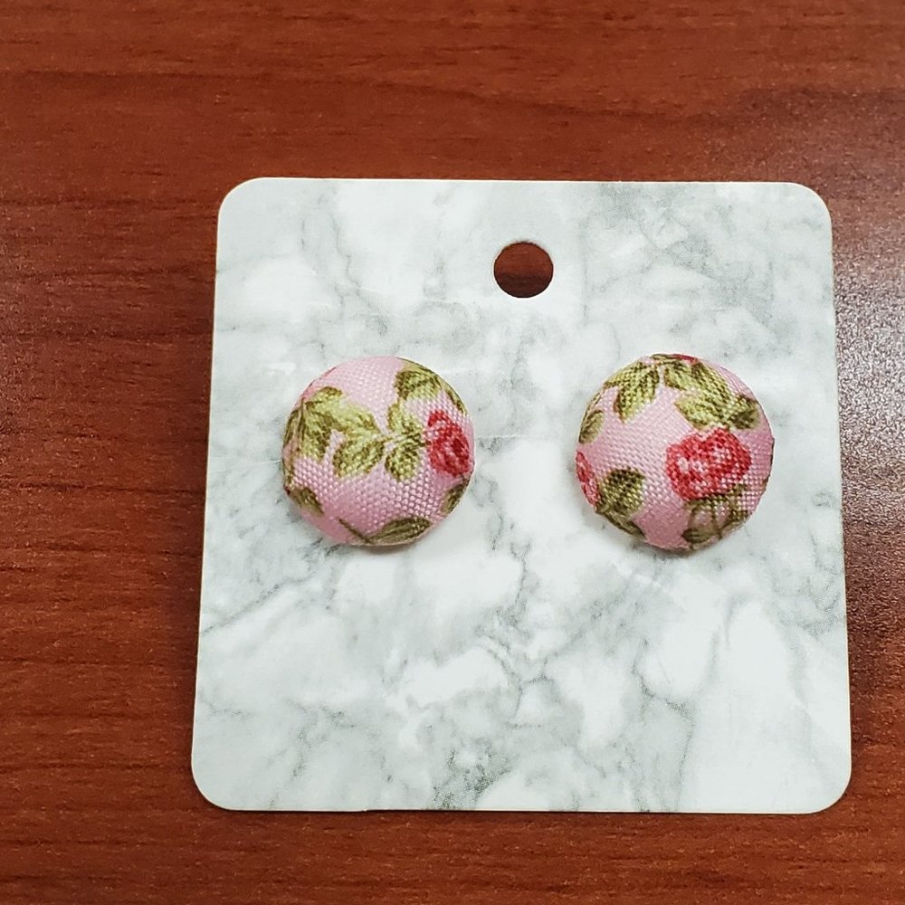 Girls Pink Fabric Covered Floral Stainless Steel Postback Handmade Earrings